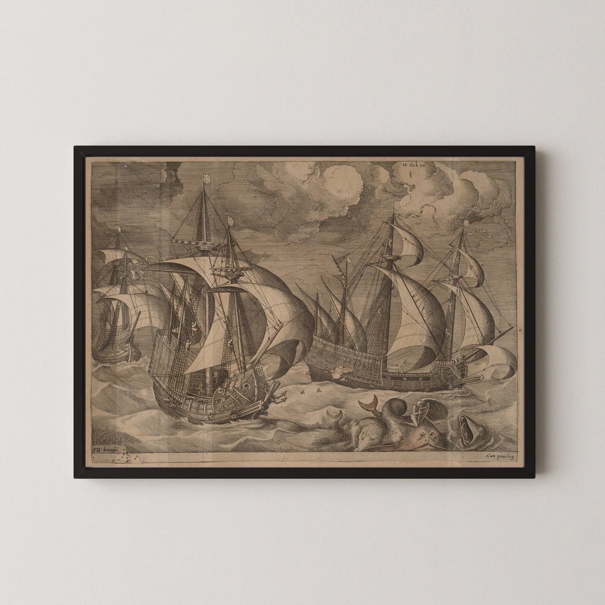 Pieter Bruegel the Elder — Three Caravels in a Rising Squall with Adrion on a Dolphin | Engraving Print