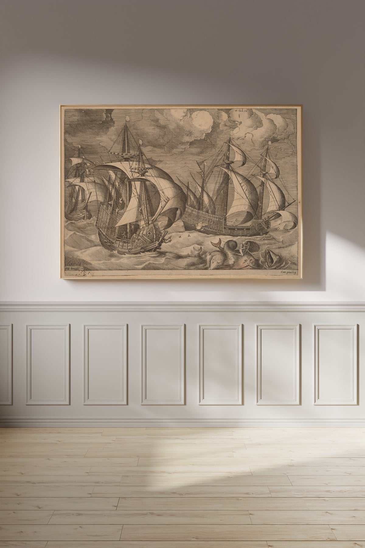 Pieter Bruegel the Elder — Three Caravels in a Rising Squall with Adrion on a Dolphin | Engraving Print
