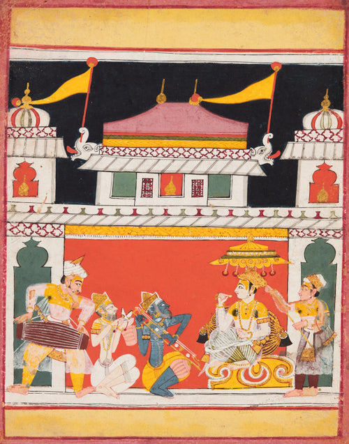 Malwa school — Three Musicians Perform Before a King: Shri Raga, from a Ragamala | Indian Miniature Painting Print