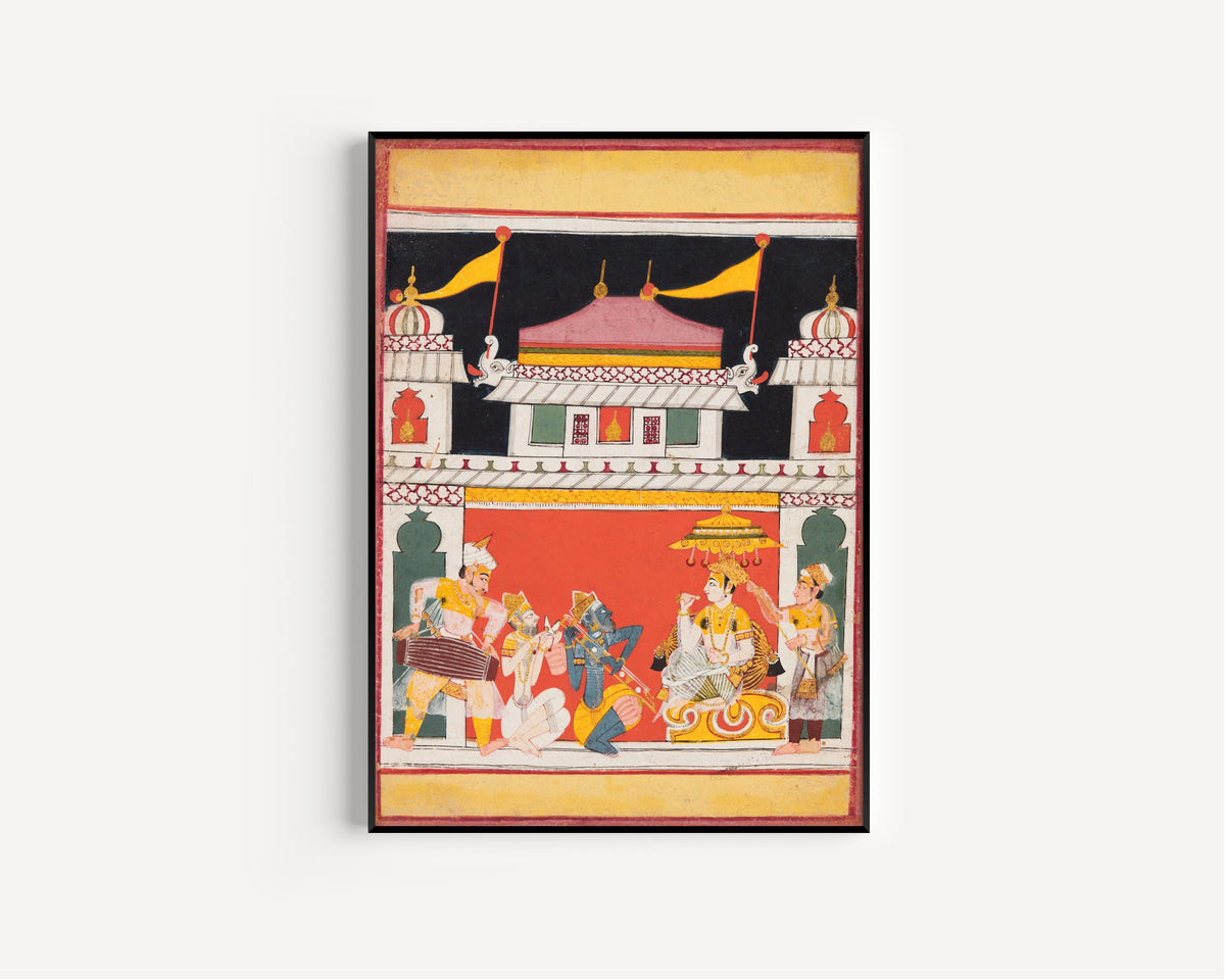 Malwa school — Three Musicians Perform Before a King: Shri Raga, from a Ragamala | Indian Miniature Painting Print