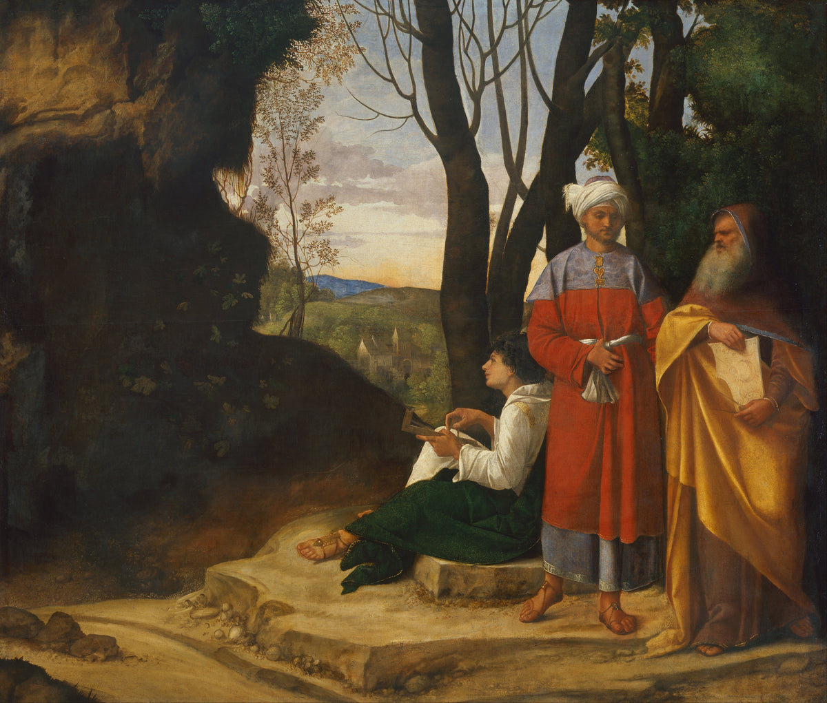 Three Philosophers by Giorgione — Three men gather by a dark rock face above an open valley