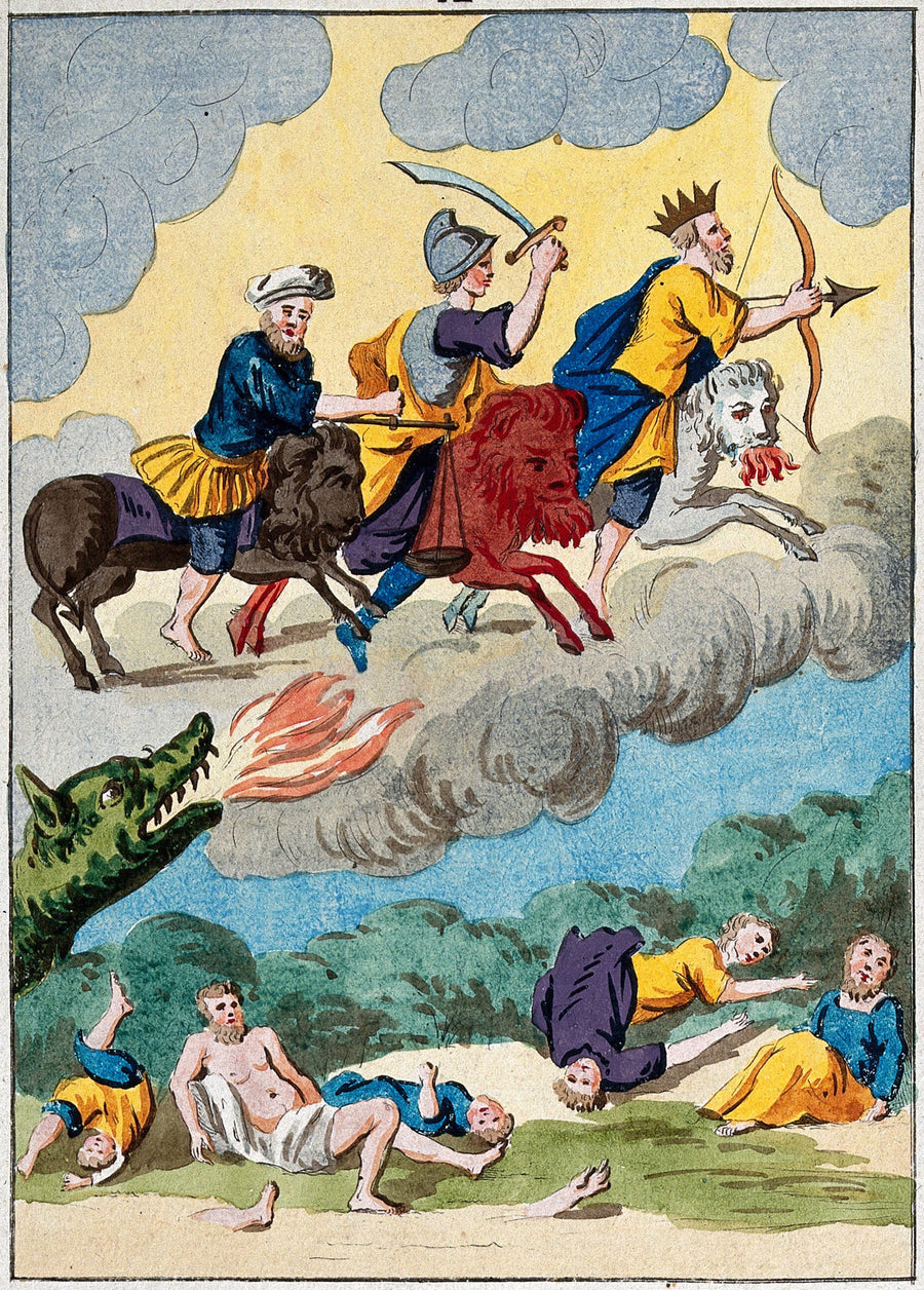 After Nicolas Flamel — Three Riders on Black, Red and White Lions | Alchemical Etching Print shown to scale on a wall above a sofa