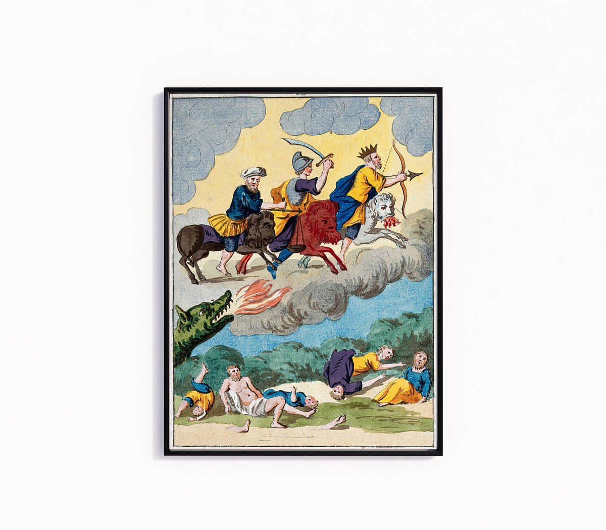 Framed art print of Three Riders on Black, Red and White Lions by After Nicolas Flamel, in a slim black frame on a plain white wall