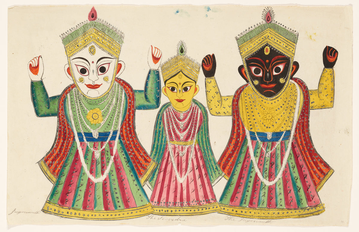 Three Temple Banners by Kalighat painter — Three large-eyed figures in striped skirts, two with arms raised