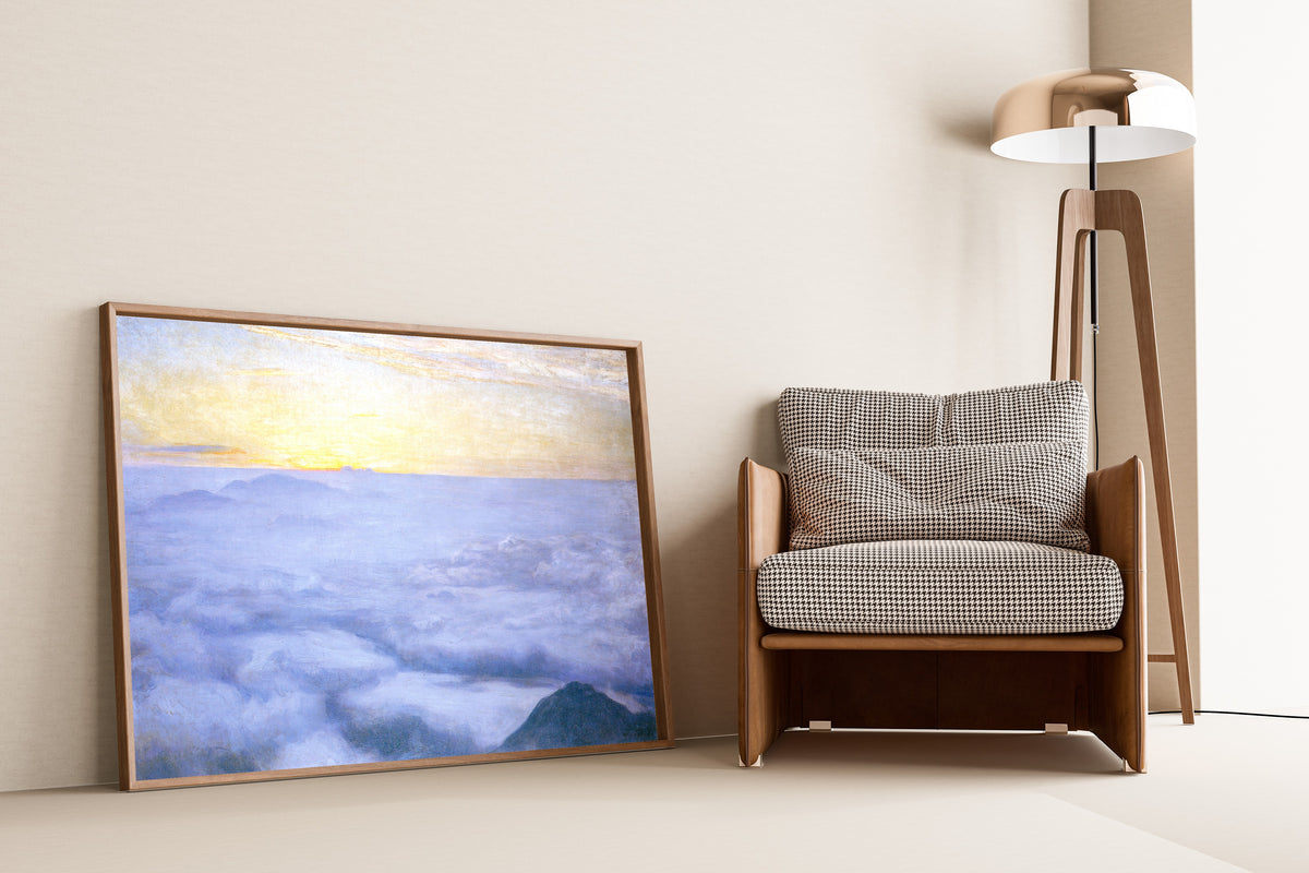 Framed art print of Three Thousand Metres by Hiroshi Yoshida, leaning against a wall beside an armchair and a floor lamp