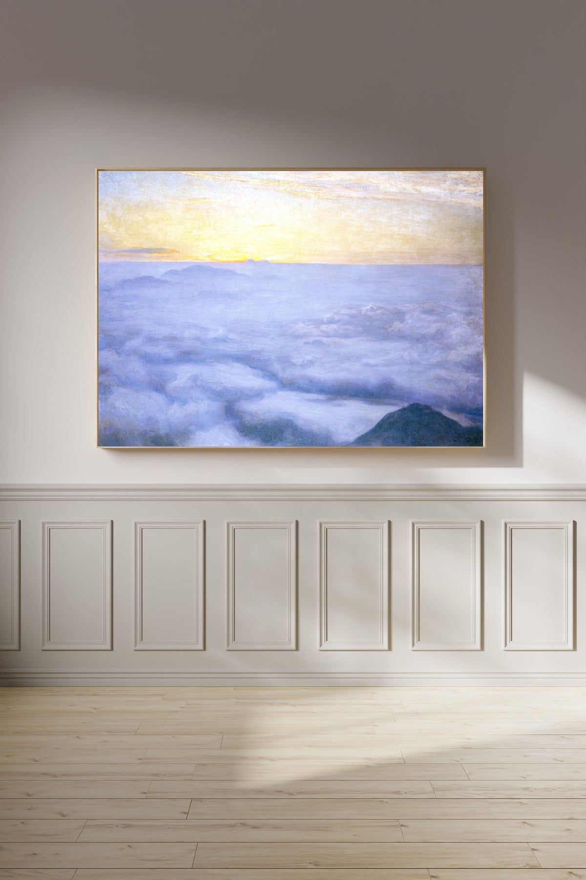 Framed art print of Three Thousand Metres by Hiroshi Yoshida, on a panelled wall in afternoon light