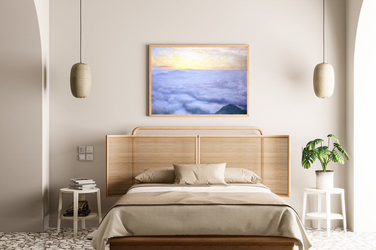 Framed art print of Three Thousand Metres by Hiroshi Yoshida, above a cane-headboard bed
