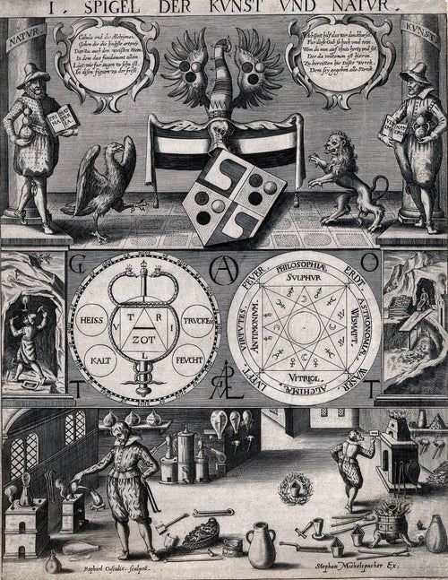 Three-Tiered Symbolic Diagram of the Art of Alchemy (Spiegel der Kunst und Natur) by Stephan Michelspacher — Three tiers of arms, alchemical wheels and a