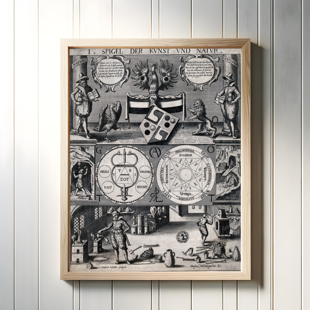 Framed art print of Three-Tiered Symbolic Diagram of the Art of Alchemy (Spiegel der… by Stephan Michelspacher, in a light wood frame on a white panelled wall