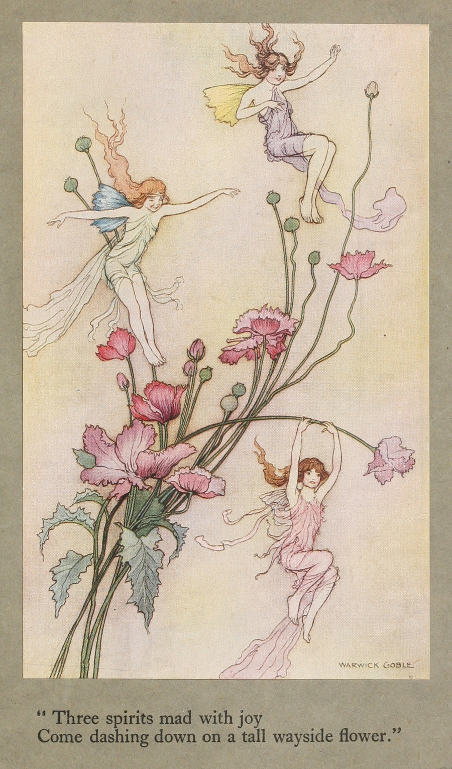 Warwick Goble — Three spirits mad with joy come dashing down on a tall wayside flower. | Fantasy Illustration Print shown to scale on a wall above a sofa