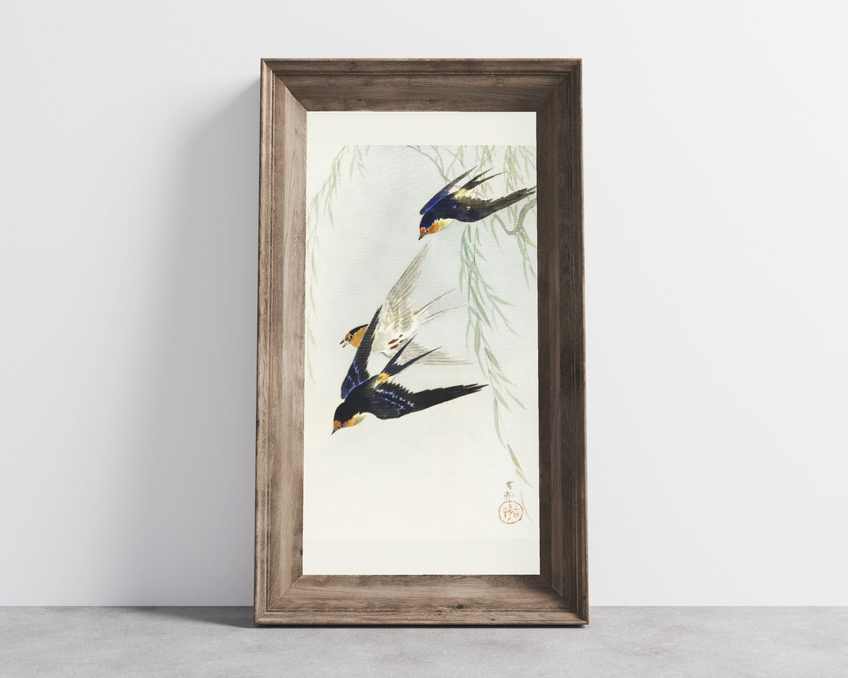 Ohara Koson — Three Birds in Full Flight | Japanese Bird & Flower Woodblock Print