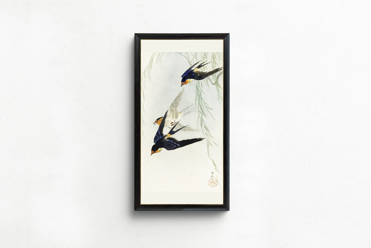 Ohara Koson — Three Birds in Full Flight | Japanese Bird & Flower Woodblock Print