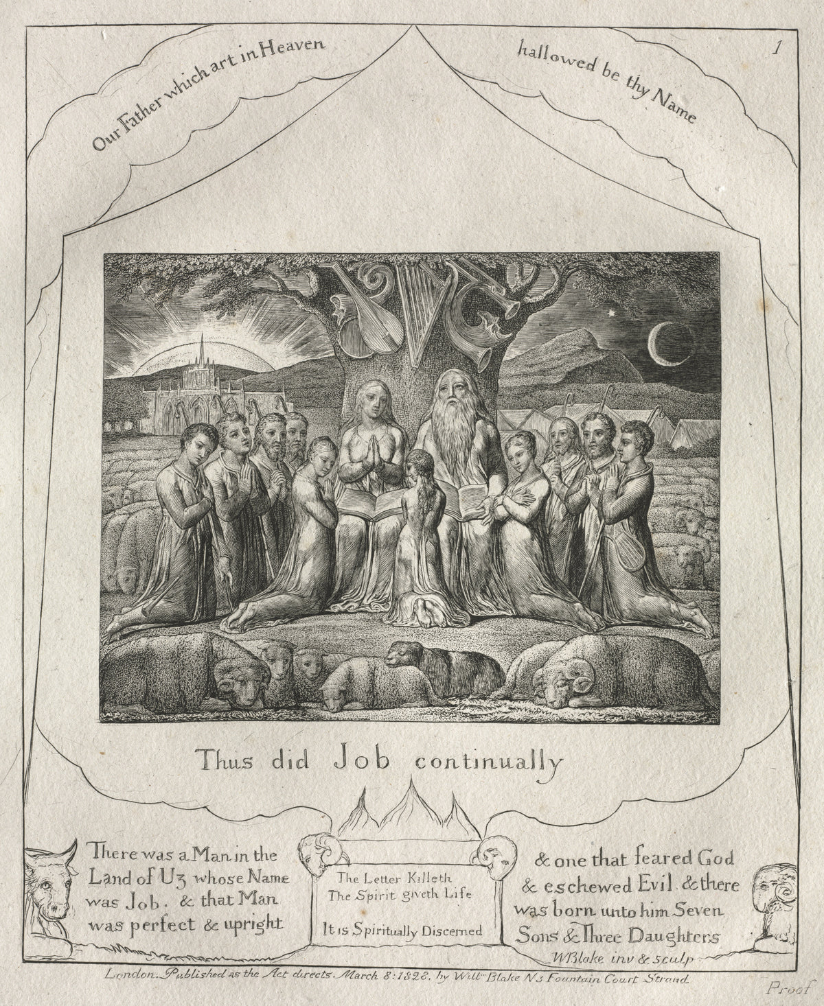 Thus Did Job Continually (Book of Job, Plate 1) by William Blake — Job and his family pray beneath a tree hung with silent instruments