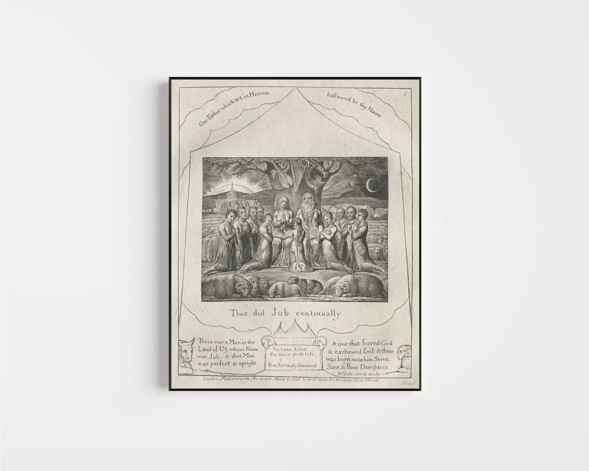 Framed art print of Thus Did Job Continually (Book of Job, Plate 1) by William Blake, in a slim black frame on a plain white wall