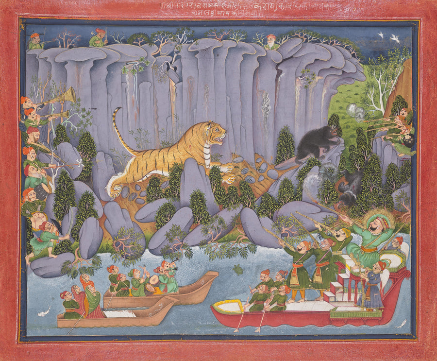 Kota school — Tiger Hunt of Ram Singh II (Hunting from a Boat) | Indian Miniature Painting Print shown to scale on a wall above a sofa