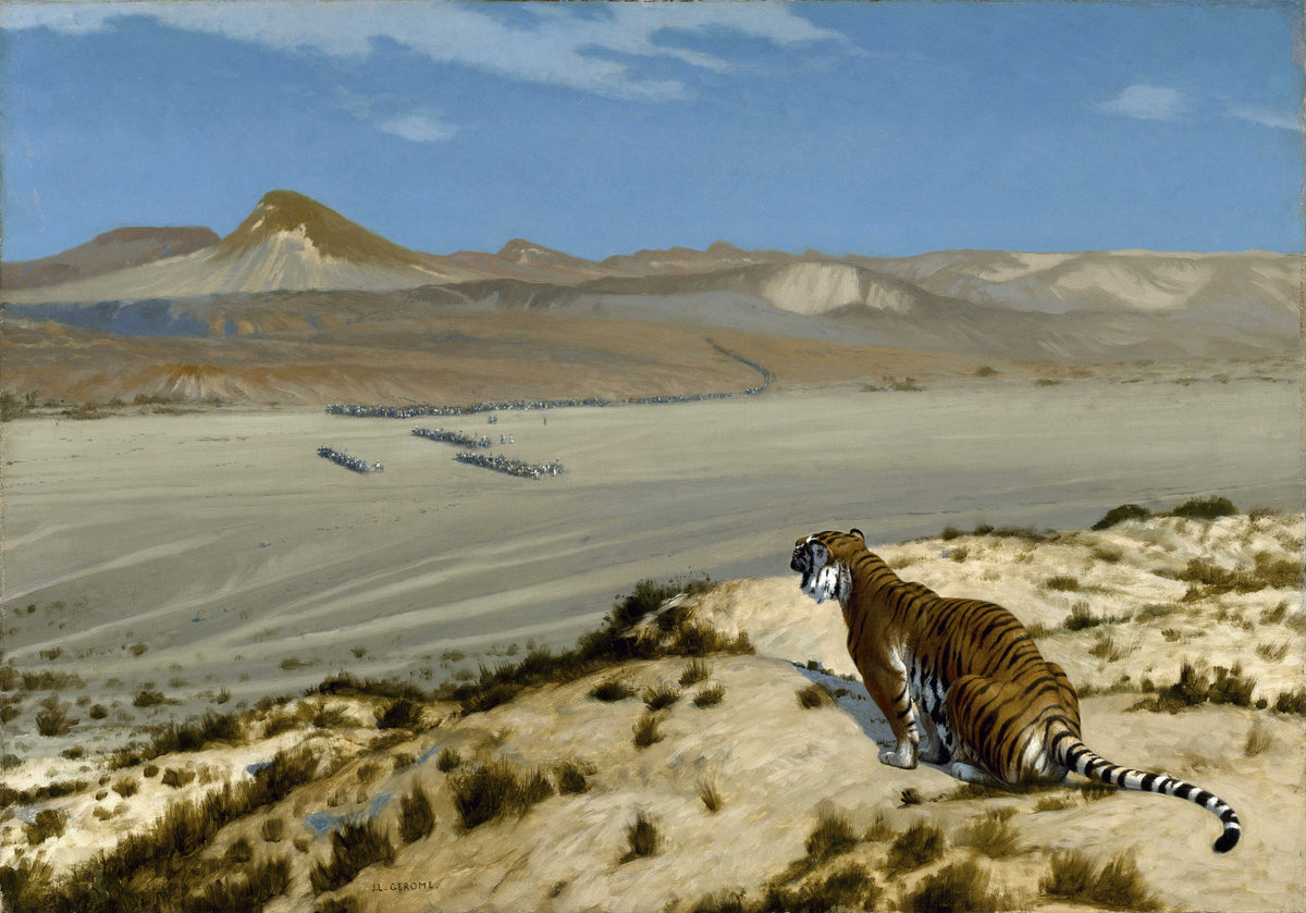 Tiger on the Watch by Jean-Léon Gérôme — A tiger on a sunlit ridge watches columns of riders cross the plain