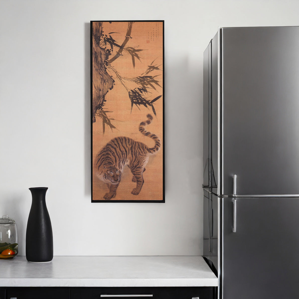 Framed art print of Tiger under Bamboo by Kim Hong-do (Danwon), on a kitchen wall
