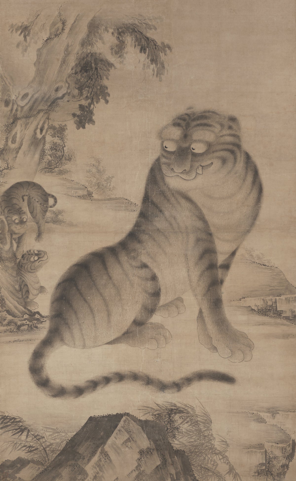 Korean painter (unidentified) — Tigress with Two Cubs | Korean Painting Art Print