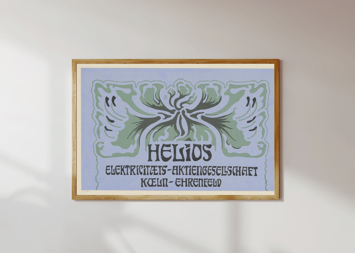 Framed art print of Titelblatt Helios Elektrizitäts-Aktiengesellschaft Köln-Ehrenfeld by Otto Eckmann, in a light wood frame on a sunlit white wall