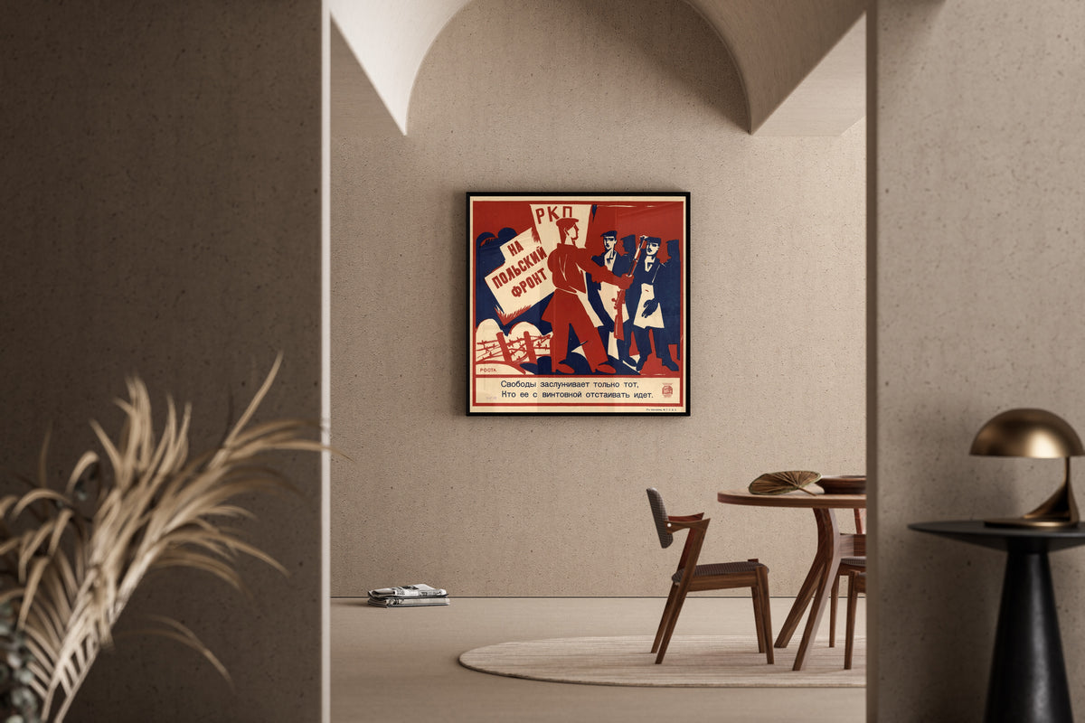 Framed art print of To the Polish front: only he deserves freedom who goes to defend it with a rifle by Ivan Malyutin, in a sunlit dining corner