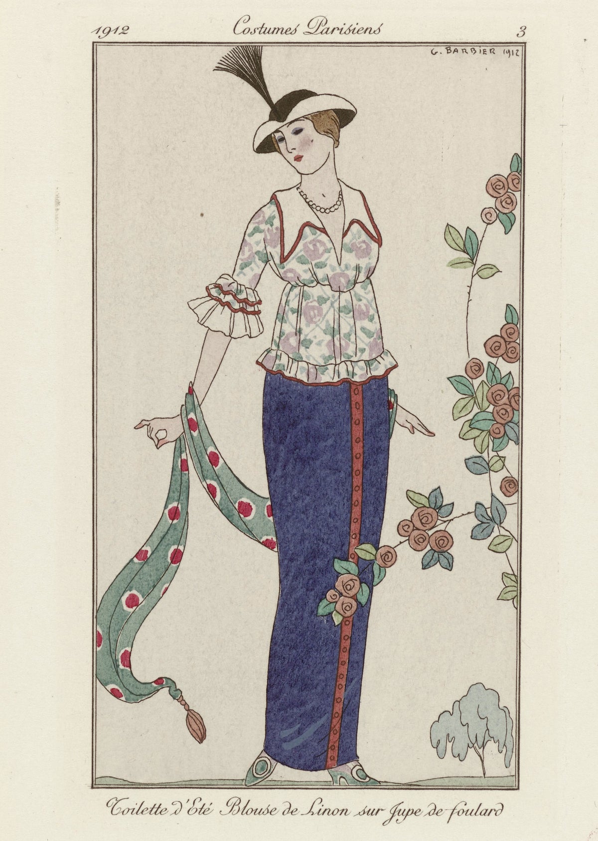 George Barbier — Toilette d'été, blouse de linon sur jupe de foulard [Summer lawn blouse and foulard skirt] | Art Deco Fashion Print