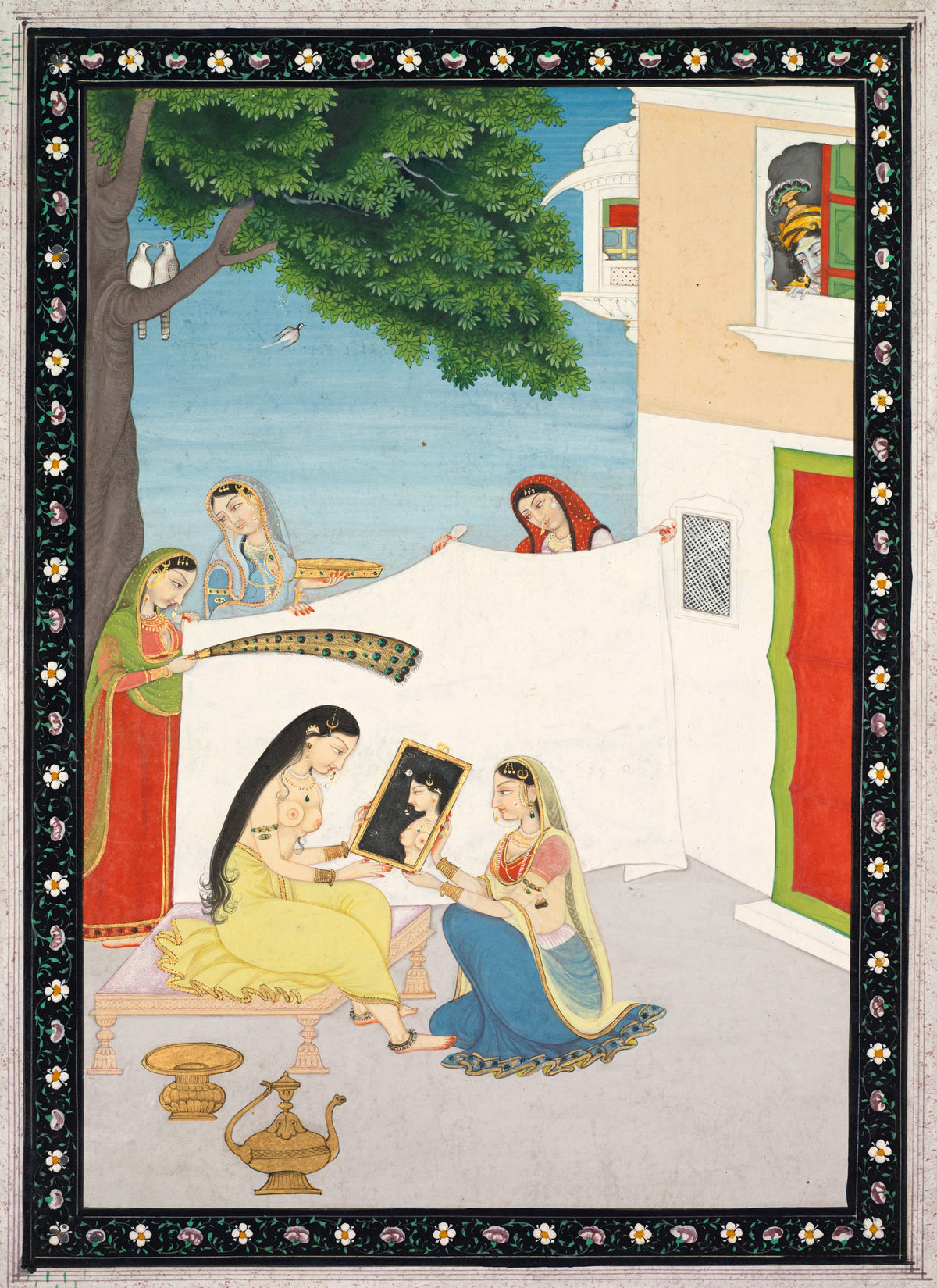 Toilette of Radha by Pahari school — Radha admires her reflection as attendants hold up a white screen