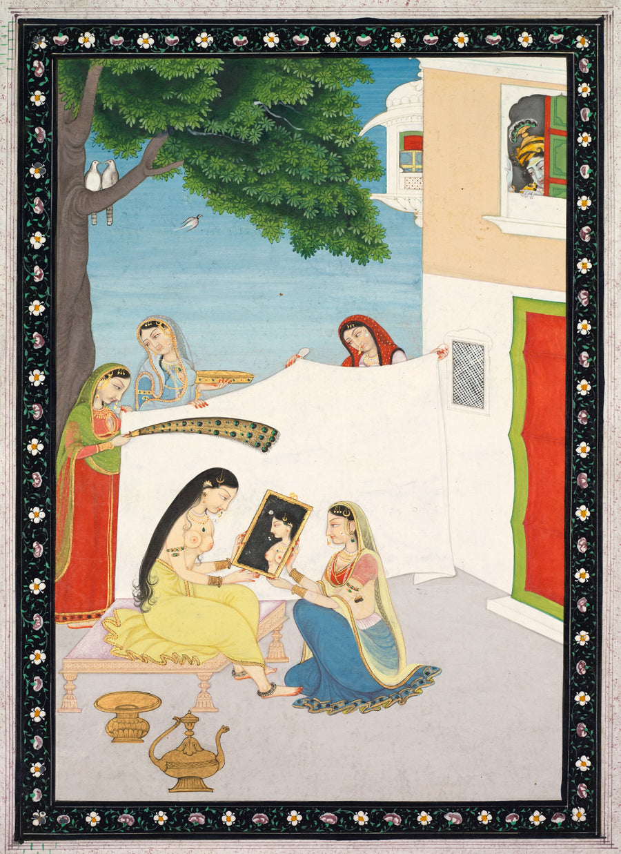 Pahari school — Toilette of Radha | Indian Miniature Painting Print shown to scale on a wall above a sofa