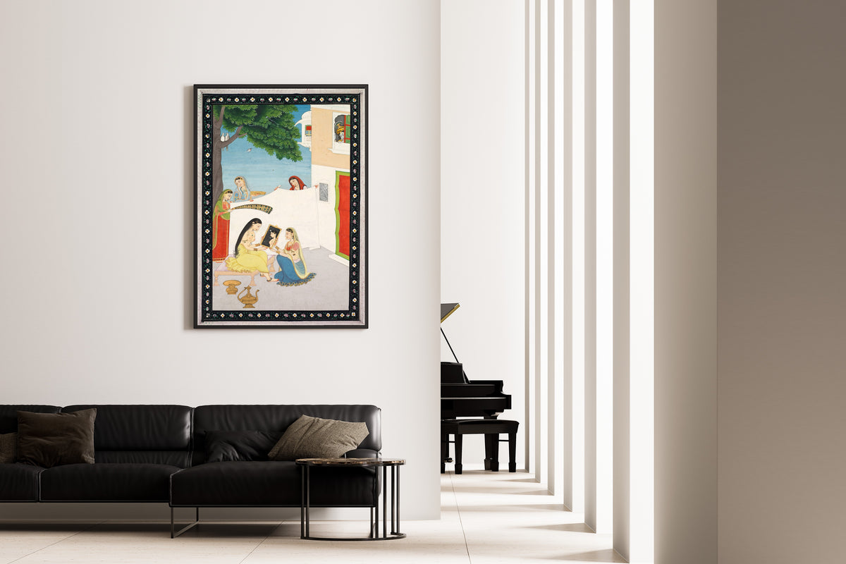Framed art print of Toilette of Radha by Pahari school, on the wall of a minimal living room
