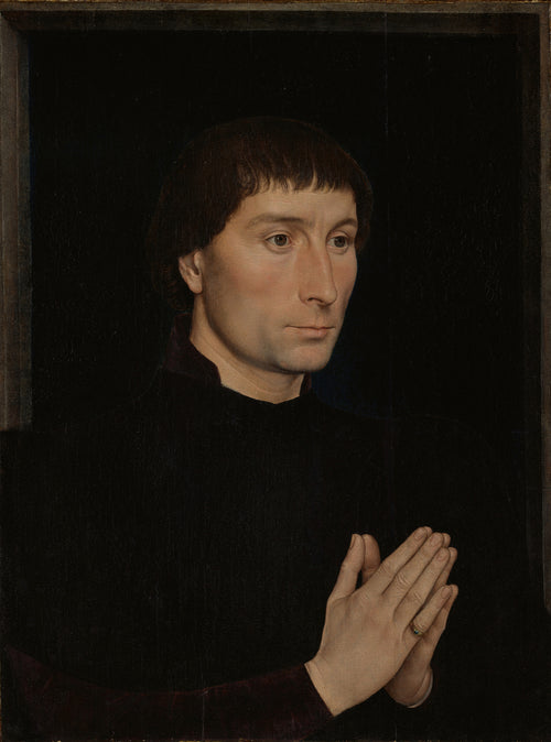 Tommaso di Folco Portinari by Hans Memling — A man in black presses his palms together in prayer