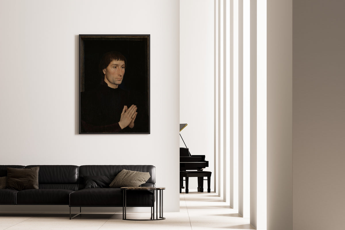 Framed art print of Tommaso di Folco Portinari by Hans Memling, on the wall of a minimal living room