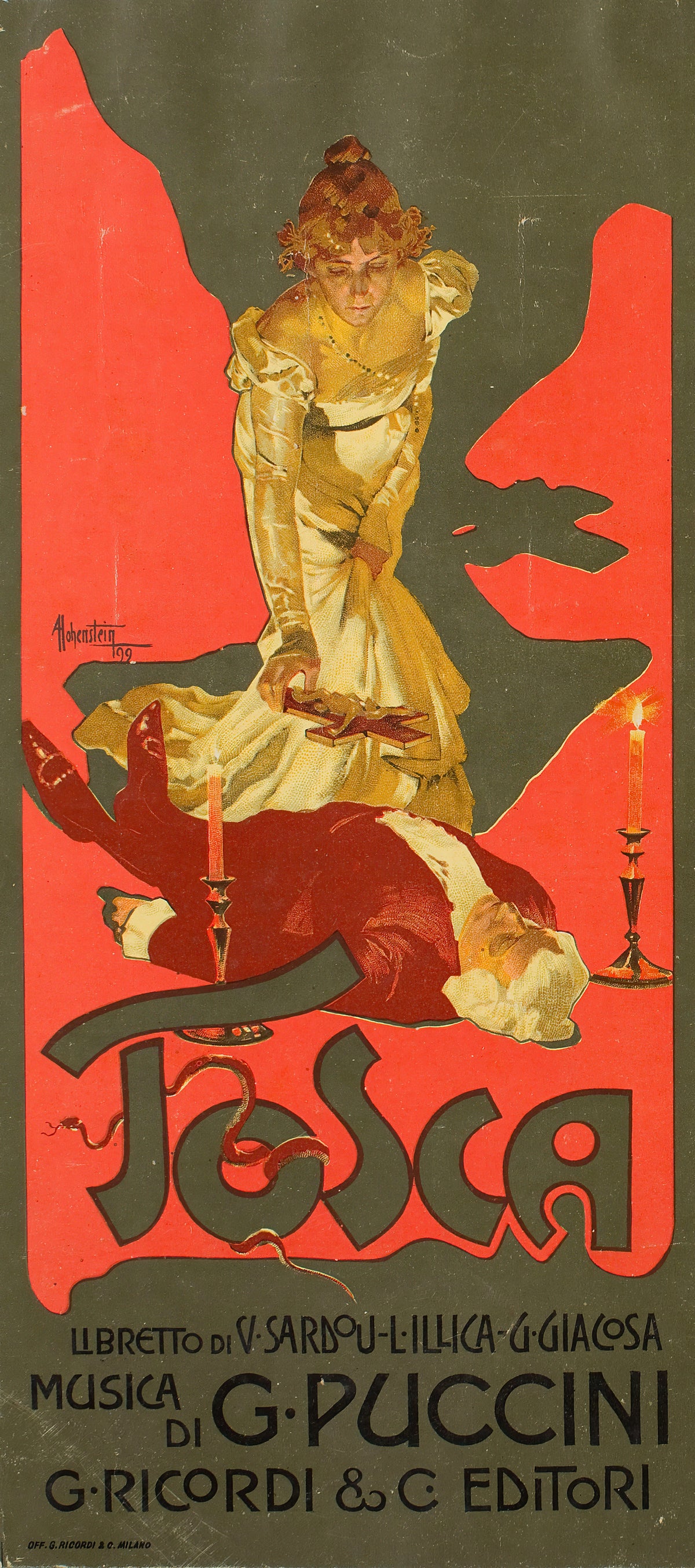 Tosca by Adolfo Hohenstein — A woman in yellow satin stands over a fallen man between two candles