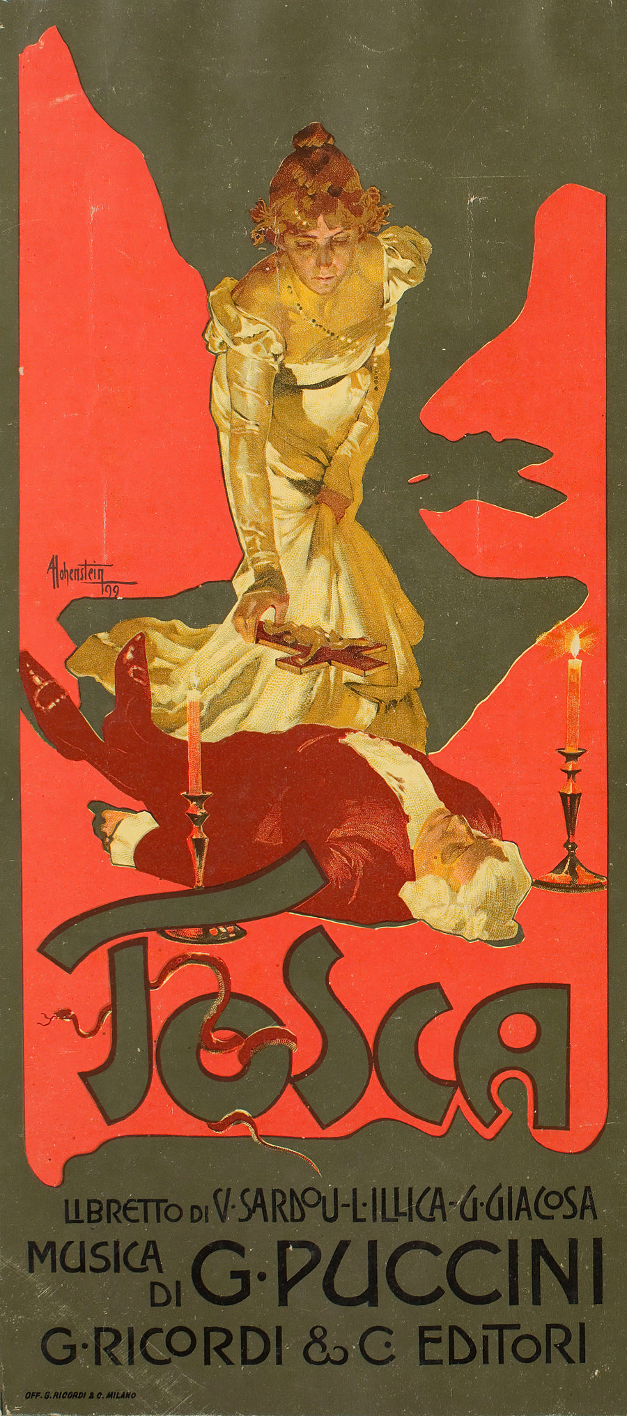 Adolfo Hohenstein — Tosca | Vintage Poster Print shown to scale on a wall above a sofa