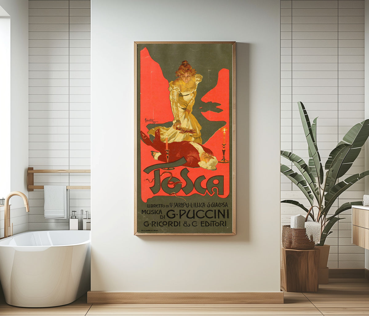 Framed art print of Tosca by Adolfo Hohenstein, in a bathroom beside a freestanding tub
