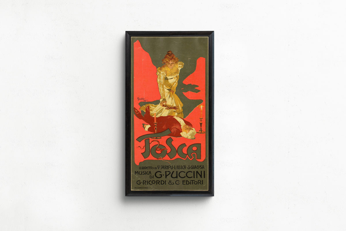 Framed art print of Tosca by Adolfo Hohenstein, in a slim black frame on a plain white wall