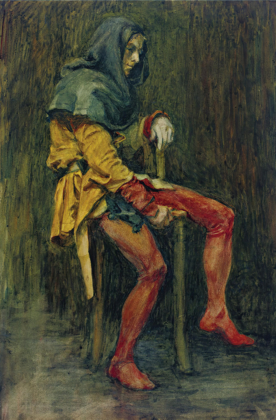 John William Waterhouse — Touchstone, the Jester | Pre-Raphaelite Art Print shown to scale on a wall above a sofa