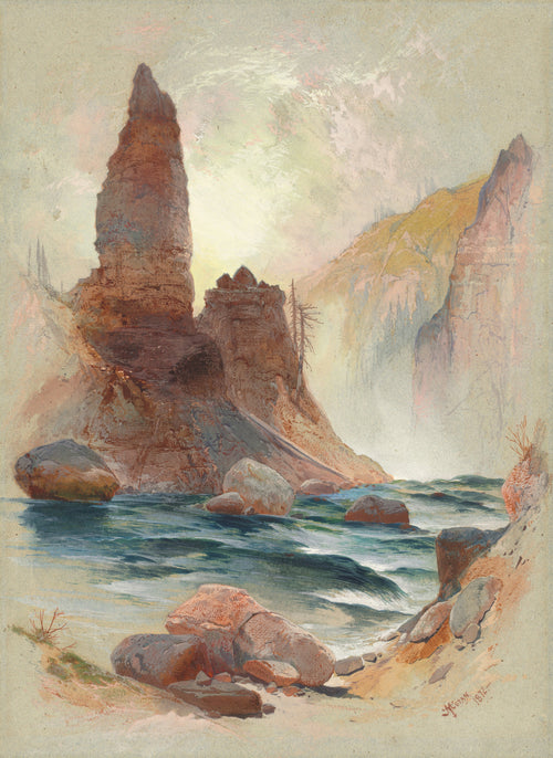 Tower at Tower Falls, Yellowstone by Thomas Moran — A rust-red rock spire towers over a blue-green river in a misty gorge