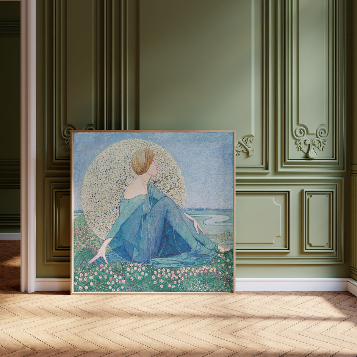 Framed art print of Träume II by Heinrich Vogeler, leaning against olive-green panelling on a herringbone floor