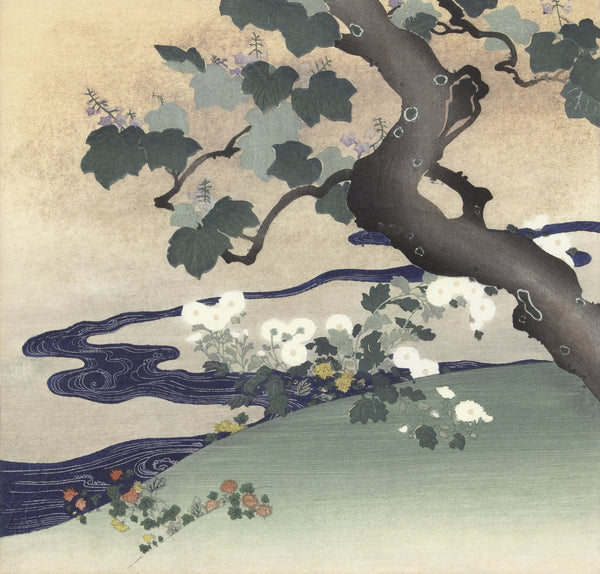 Tsukioka Kōgyo — Tree and Chrysanthemums | Japanese Bird & Flower Woodblock Print