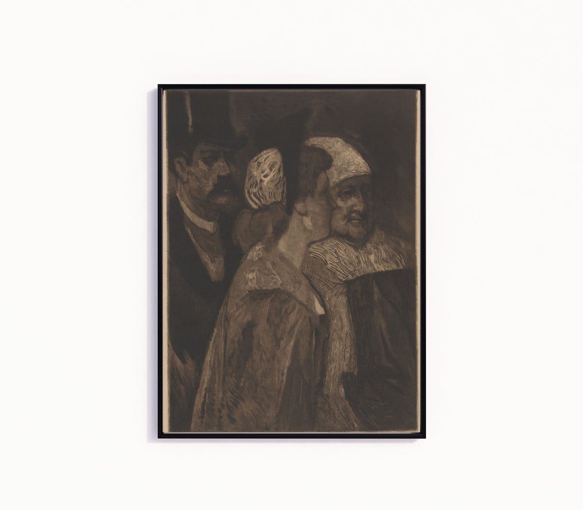 Framed art print of Trois contemporains by Félicien Rops, in a slim black frame on a plain white wall