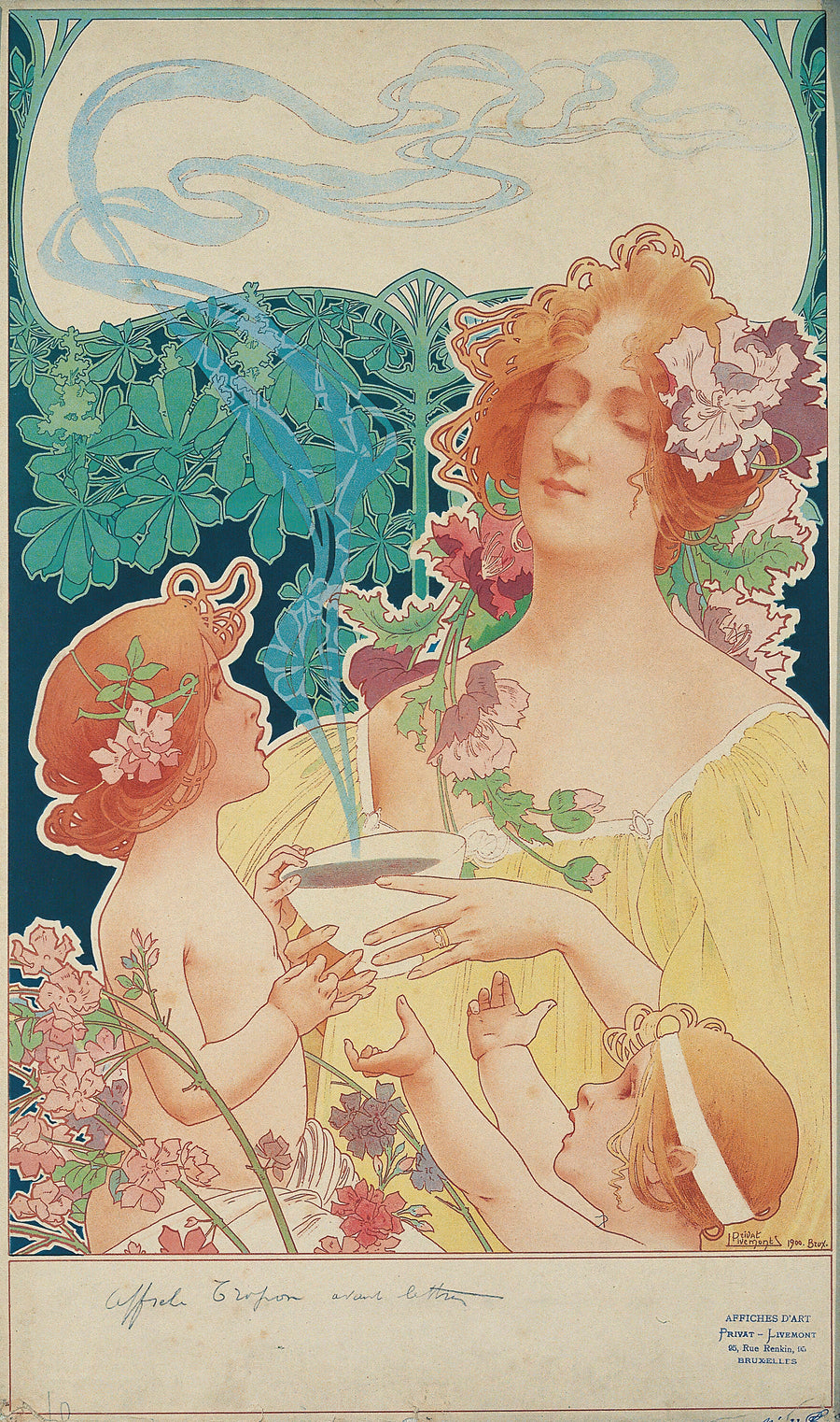 Henri Privat-Livemont — Tropon Chocolat-Cacao (before letters) | Art Nouveau Print shown to scale on a wall above a sofa
