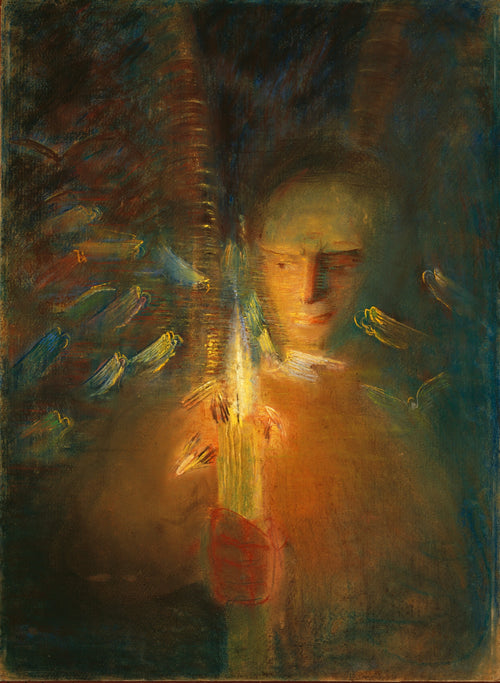Truth by Mikalojus Konstantinas Čiurlionis — A pale face bends over a candle as winged shapes circle its flame