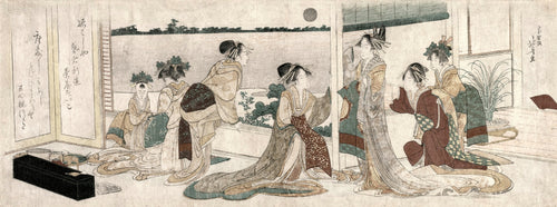 Tsukasa and Other Courtesans of the Ogiya Watching the Autumn Moon Rise Over Rice Fields from a Balcony in the Yoshiwara by Katsushika Hokusai — Courtesans