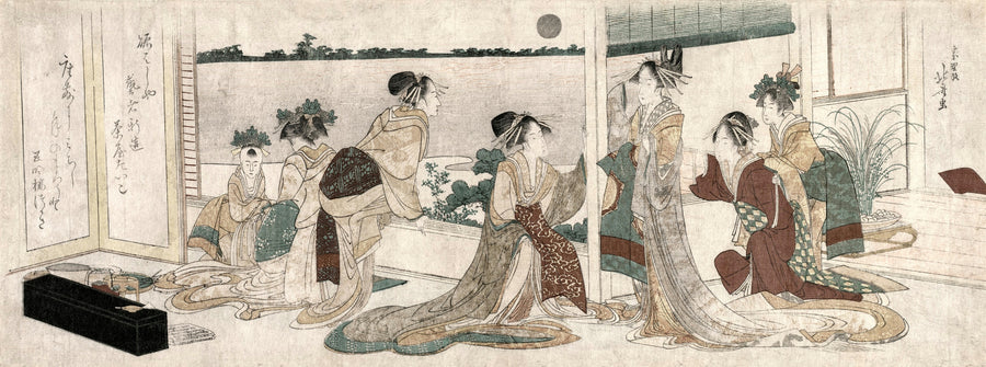 Katsushika Hokusai — Tsukasa and Other Courtesans of the Ogiya Watching the Autumn Moon Rise Over Rice Fields from a Balcony in the Yoshiwara | Japanese Woodblock Print (Ukiyo-e) shown to scale on a wall above a sofa