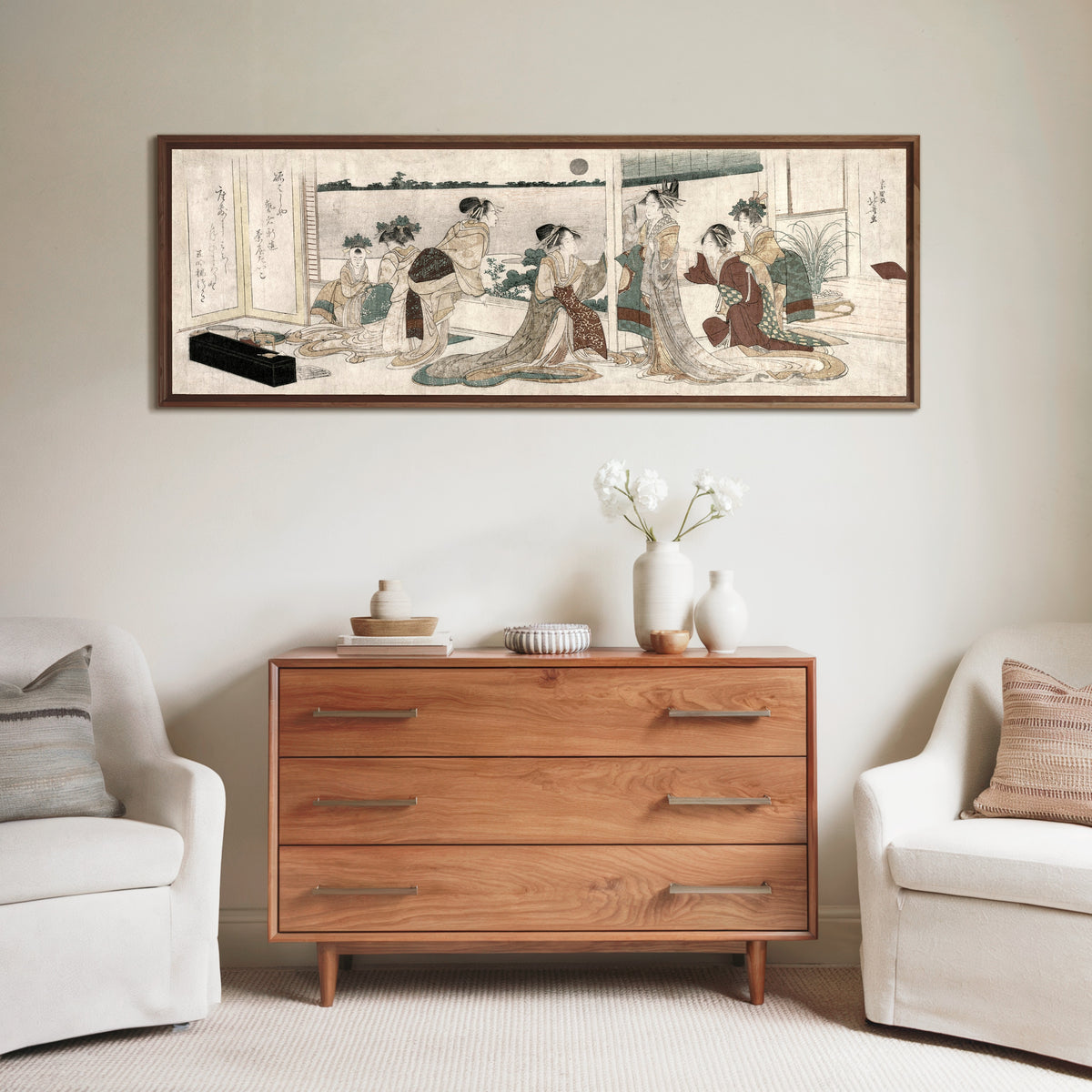 Framed art print of Tsukasa and Other Courtesans of the Ogiya Watching the Autumn Moon Rise Over Rice… by Katsushika Hokusai, above a wooden chest of drawers