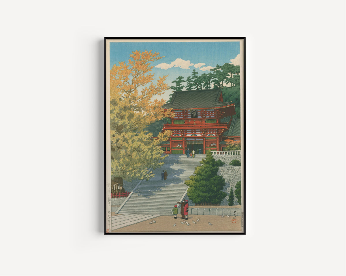 Framed art print of Tsurugaoka Hachimangu Shrine, Kamakura by Kawase Hasui, in a slim black frame on a plain white wall