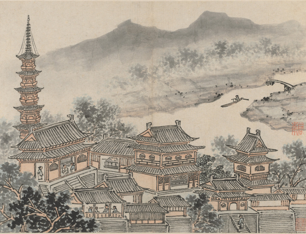 Shen Zhou — Twelve Views of Tiger Hill: The Thousand Buddha Hall and the Pagoda of the "Cloudy Cliff" Monastery | Chinese Ink Painting Art Print