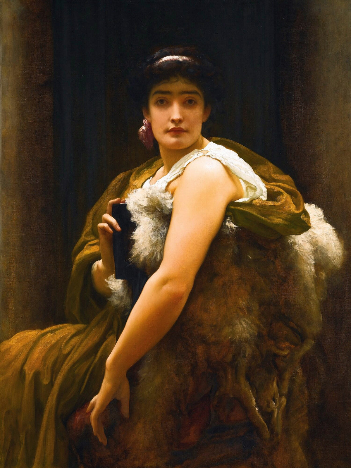 'Twixt Hope and Fear by Frederic Leighton — A dark-haired woman in fur and olive silk looks straight out