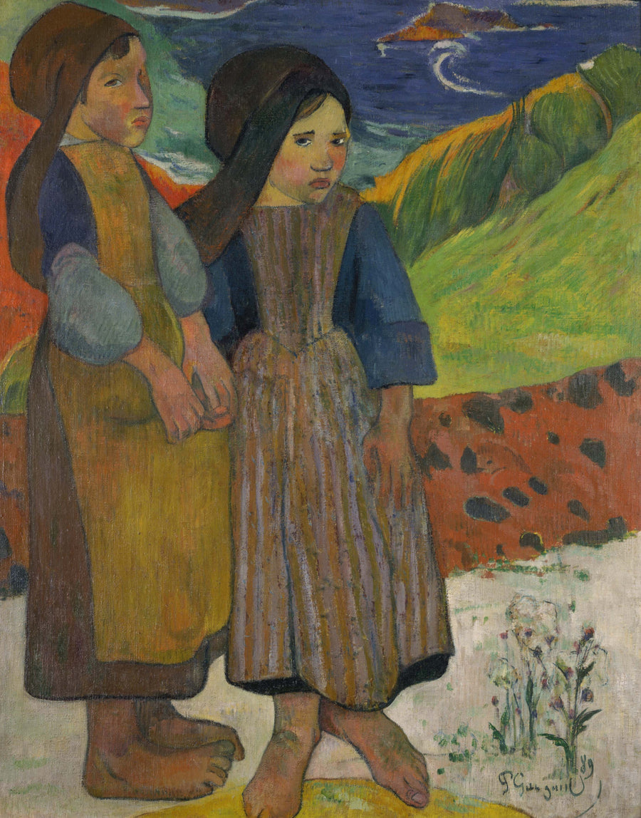 Paul Gauguin — Two Breton Girls by the Sea | Fine Art Print shown to scale on a wall above a sofa