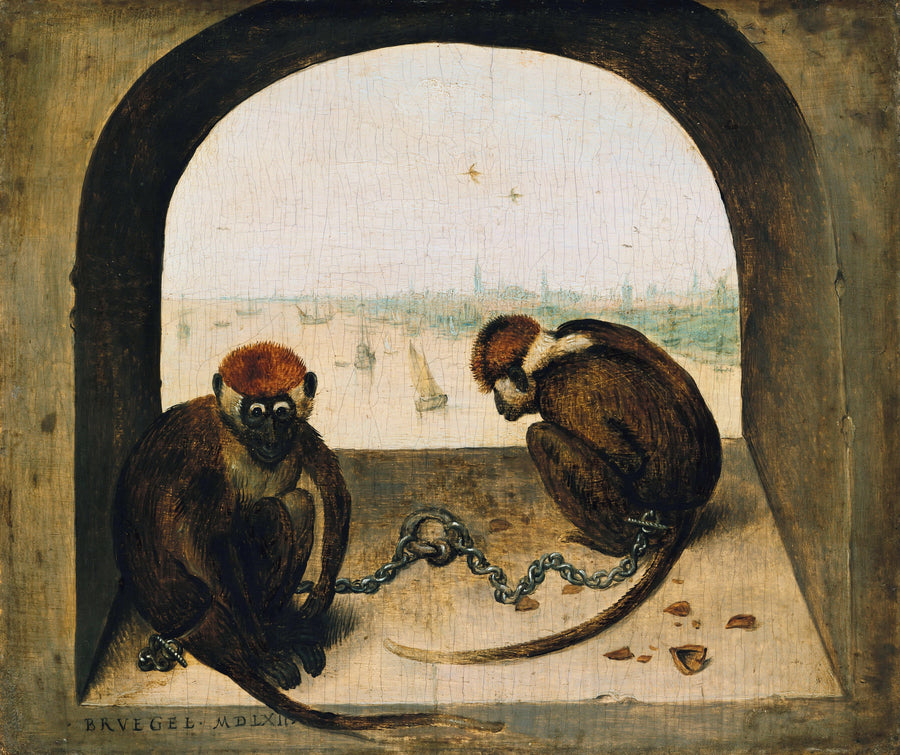Pieter Bruegel the Elder — Two Chained Monkeys | Fine Art Print shown to scale on a wall above a sofa