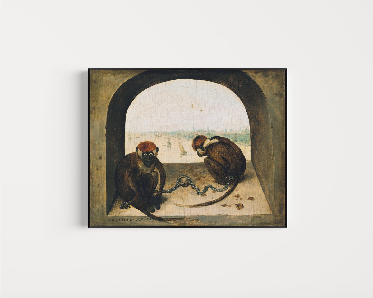 Framed art print of Two Chained Monkeys by Pieter Bruegel the Elder, in a slim black frame on a plain white wall